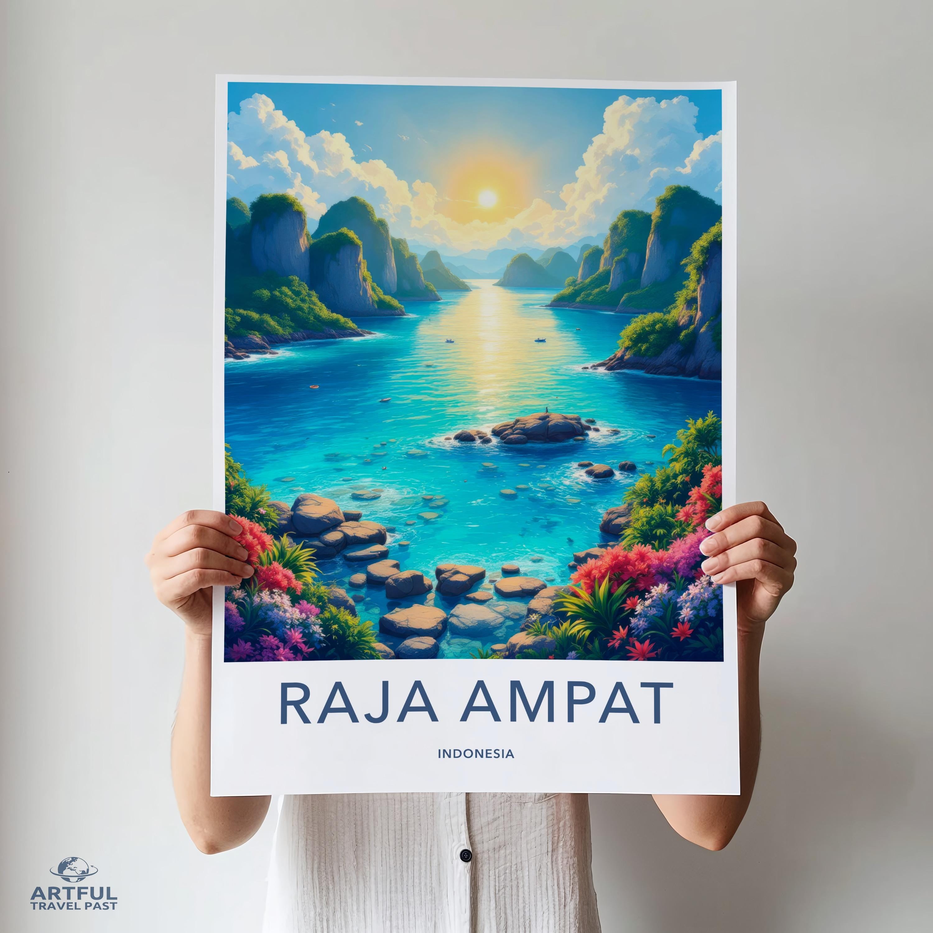 Raja Ampat Indonesia Travel Poster, Scenic Ocean Sunrise, Nature Wall Art, Tropical Landscape Photography, Beach Decor Print