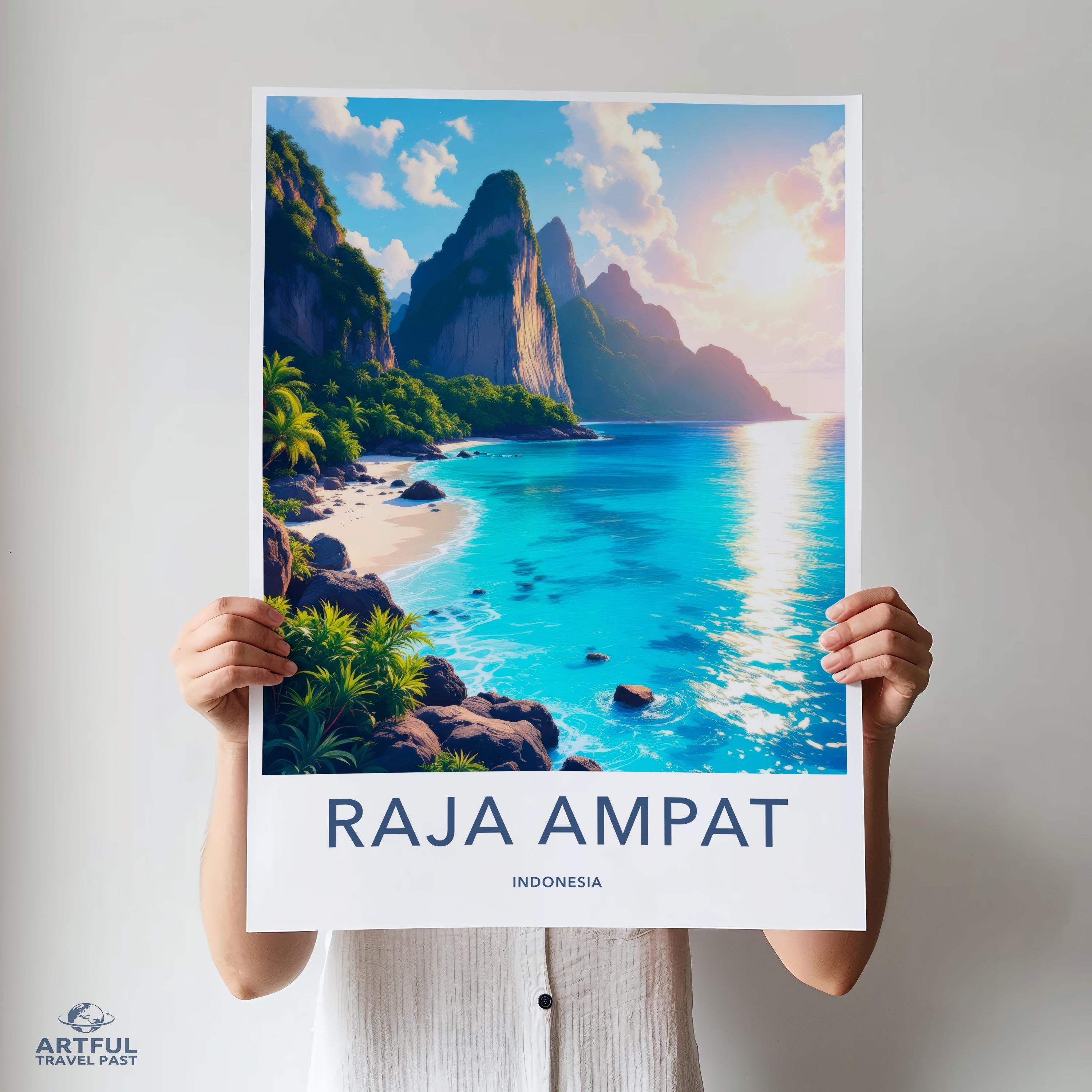 Raja Ampat Indonesia Travel Poster, Beach Sunset Wall Art, Tropical Paradise Print, Coastal Decor, Vacation Illustration