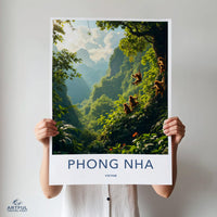 Phong Nha Vietnam travel poster, jungle adventure wall art, scenic nature print, tropical landscape decor, monkeys on vines