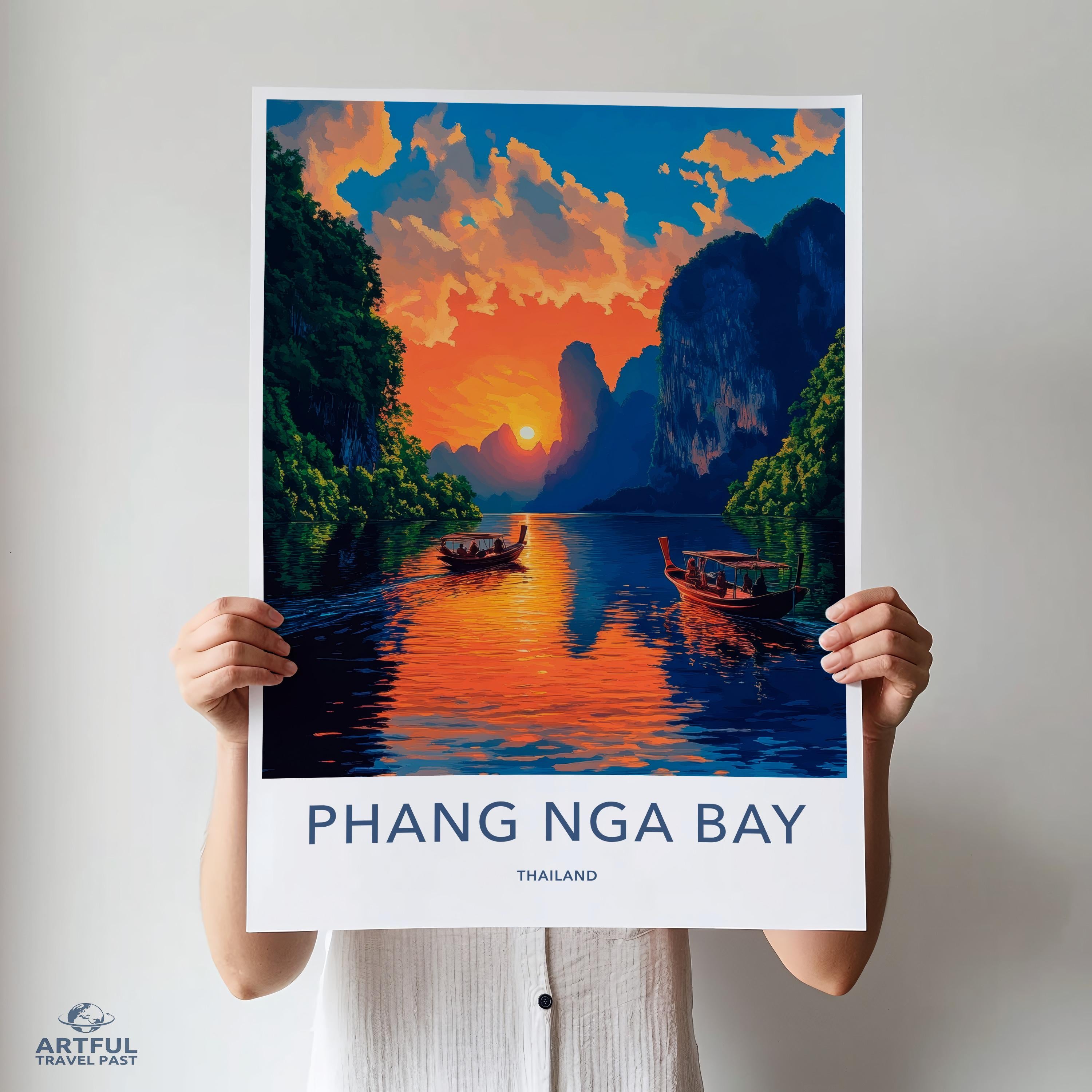 Phang Nga Bay travel poster, Vibrant sunset wall art, Scenic Thailand landscape print, Colorful nature decor, Large art print