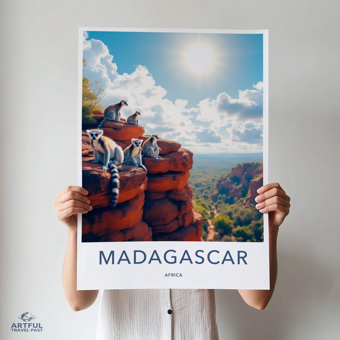 Madagascar Poster, Lemur Art Print, African Wildlife Travel Poster, Nature Scenic Wall Decor, Adventure Landscape Artwork