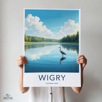 Wigry National Park poster, scenic landscape wall art print, heron in lake artwork, nature lovers gift, travel decor