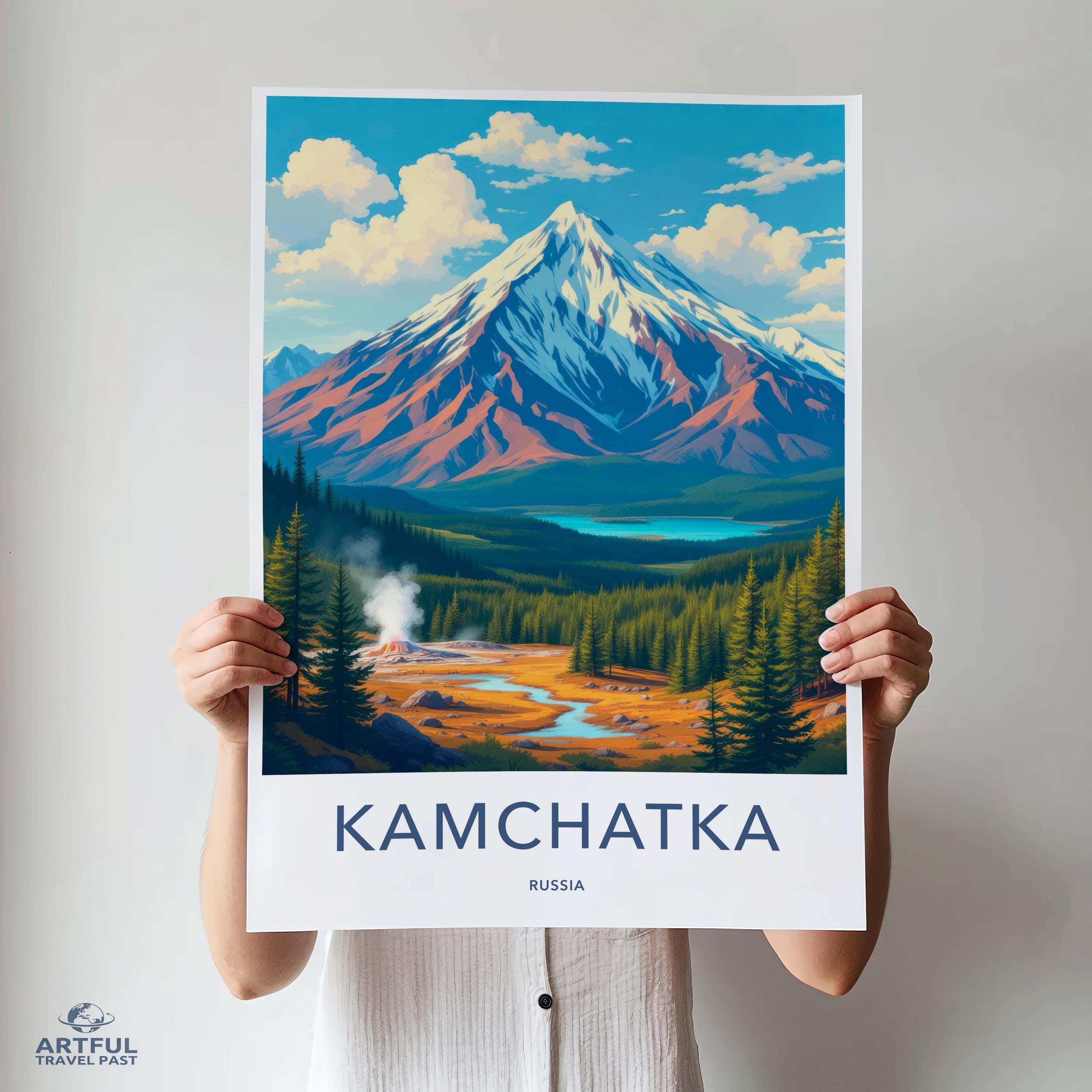 Kamchatka travel poster, Russian landscape wall art, nature mountain print, scenic wilderness decor, adventure artwork