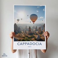 Cappadocia travel poster wall art, hot air balloons landscape print, unique travel gift, Turkish scenery decor, adventure art