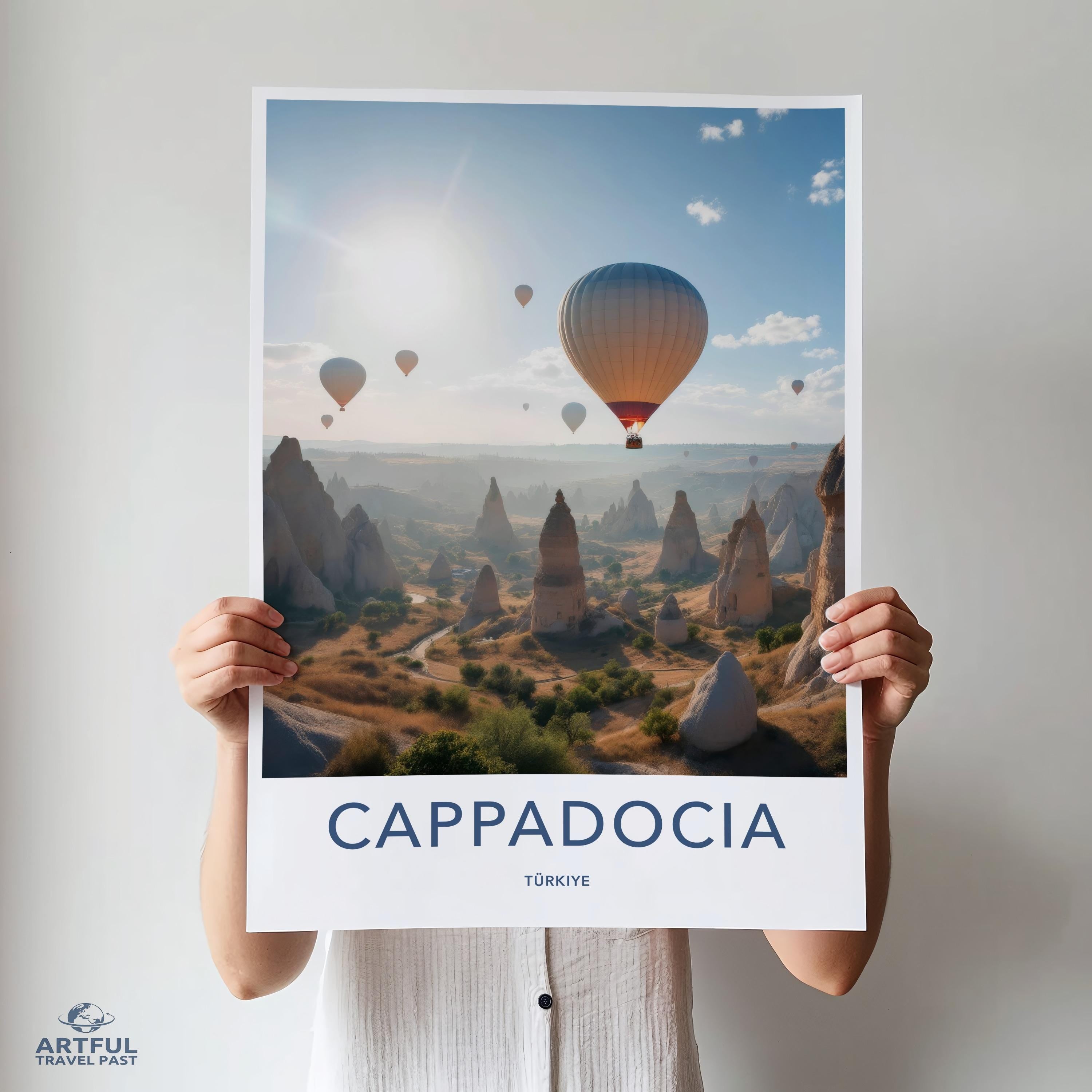 Cappadocia travel poster wall art, hot air balloons landscape print, unique travel gift, Turkish scenery decor, adventure art