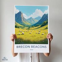 Brecon Beacons travel poster, Wales landscape art print, scenic mountain view, sheep in meadow, nature wall decor, vintage style