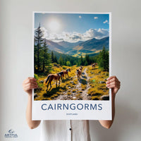 Cairngorms Scotland Print, Scenic Mountain Poster, Nature Landscape Art, Horses in Valley, Home Decor Wall Art