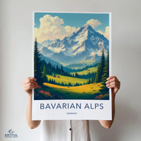 Bavarian Alps Poster, Germany Travel Print, Mountain Landscape Wall Art, Nature Scene Decor, Vintage Style Artwork