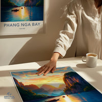 Phang Nga Bay Thailand travel poster, scenic landscape wall art, sunset view, tropical decor, nature photography print