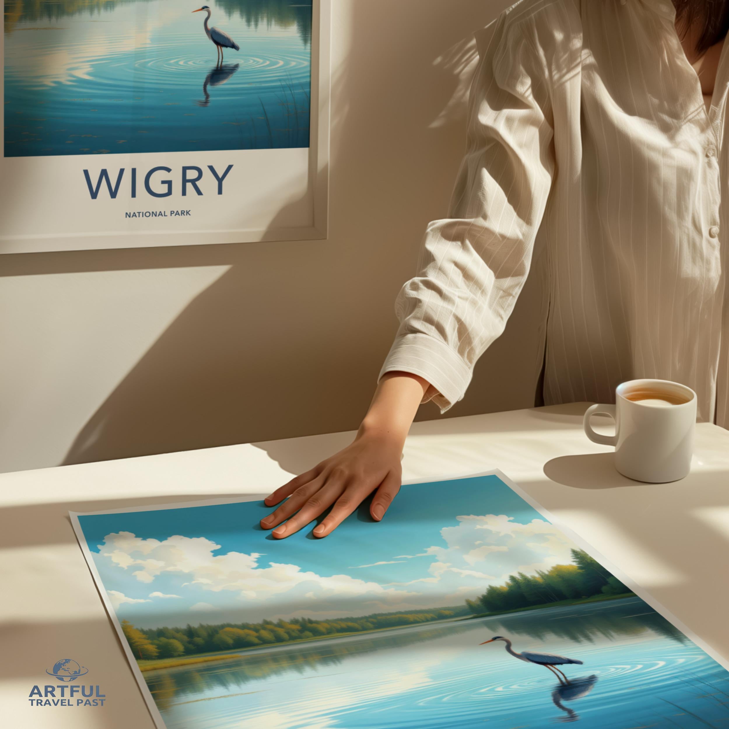Wigry National Park wall art, nature landscape print, serene lake poster, bird in water artwork, tranquil scenery decor