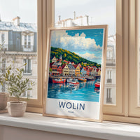Poland travel poster, Vintage wall art, Coastal town print, Artful Travel Past poster, Home decor, Wolin harbor illustration