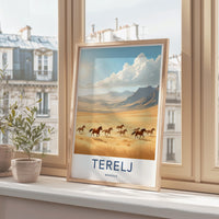 Terelj travel poster, Mongolia wall art, cozy home decor, vintage travel print, scenic landscape artwork, window sill display