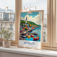 Wolin Poland Travel Poster, Coastal Village Art, Scenic Seaside Print, Nautical Wall Decor, Europe Wanderlust Decor, Colorful Harbor Scene