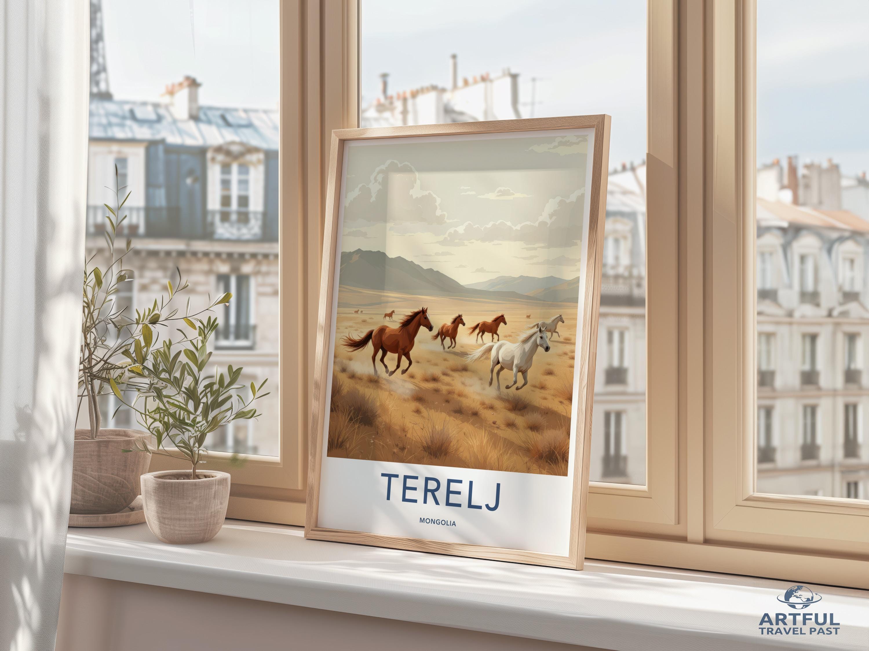 Wild Horses Art Print, Terelj Mongolia Poster, Scenic Landscape Artwork, Nature Wall Decor, Travel Photography, Mounted on Frame