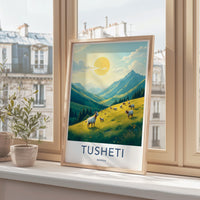 Tusheti travel poster, scenic mountain print, pastoral landscape art, bright sunny day decor, framed art for living room