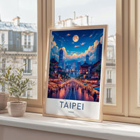 Taipei cityscape wall art, Taiwan travel poster, vibrant city skyline print, modern home decor, urban night scene, office artwork