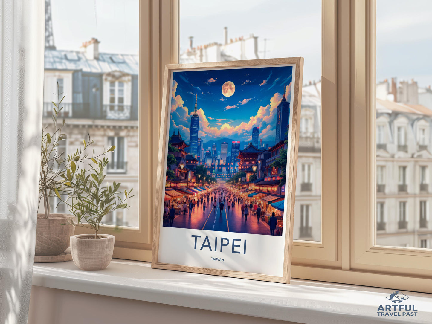 Taipei cityscape wall art, Taiwan travel poster, vibrant city skyline print, modern home decor, urban night scene, office artwork