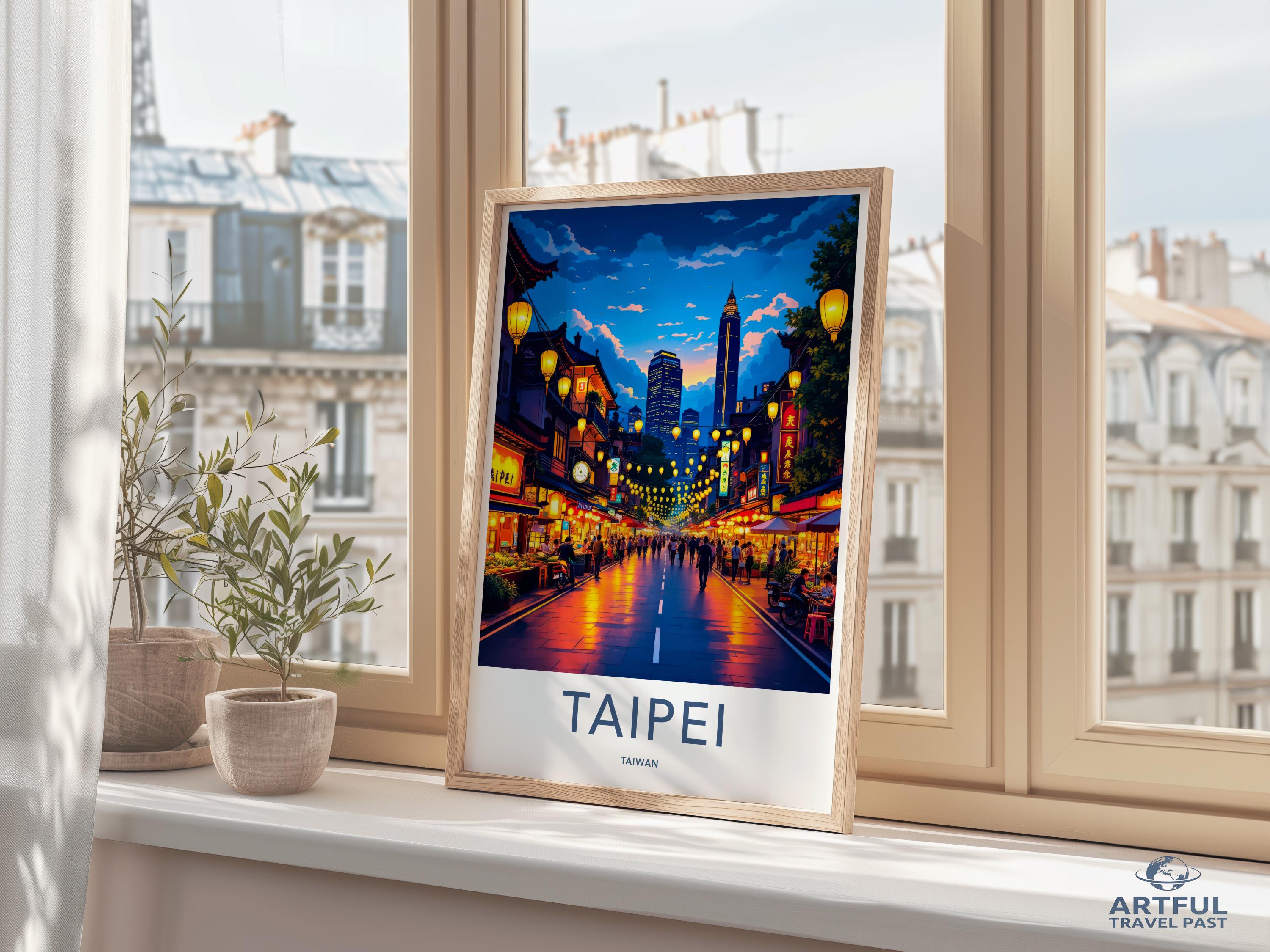 Taipei City Nightscape Wall Art, Taiwan Travel Poster, Cityscape Print, Skyline Artwork, Urban Decor, Night Scene Illustration