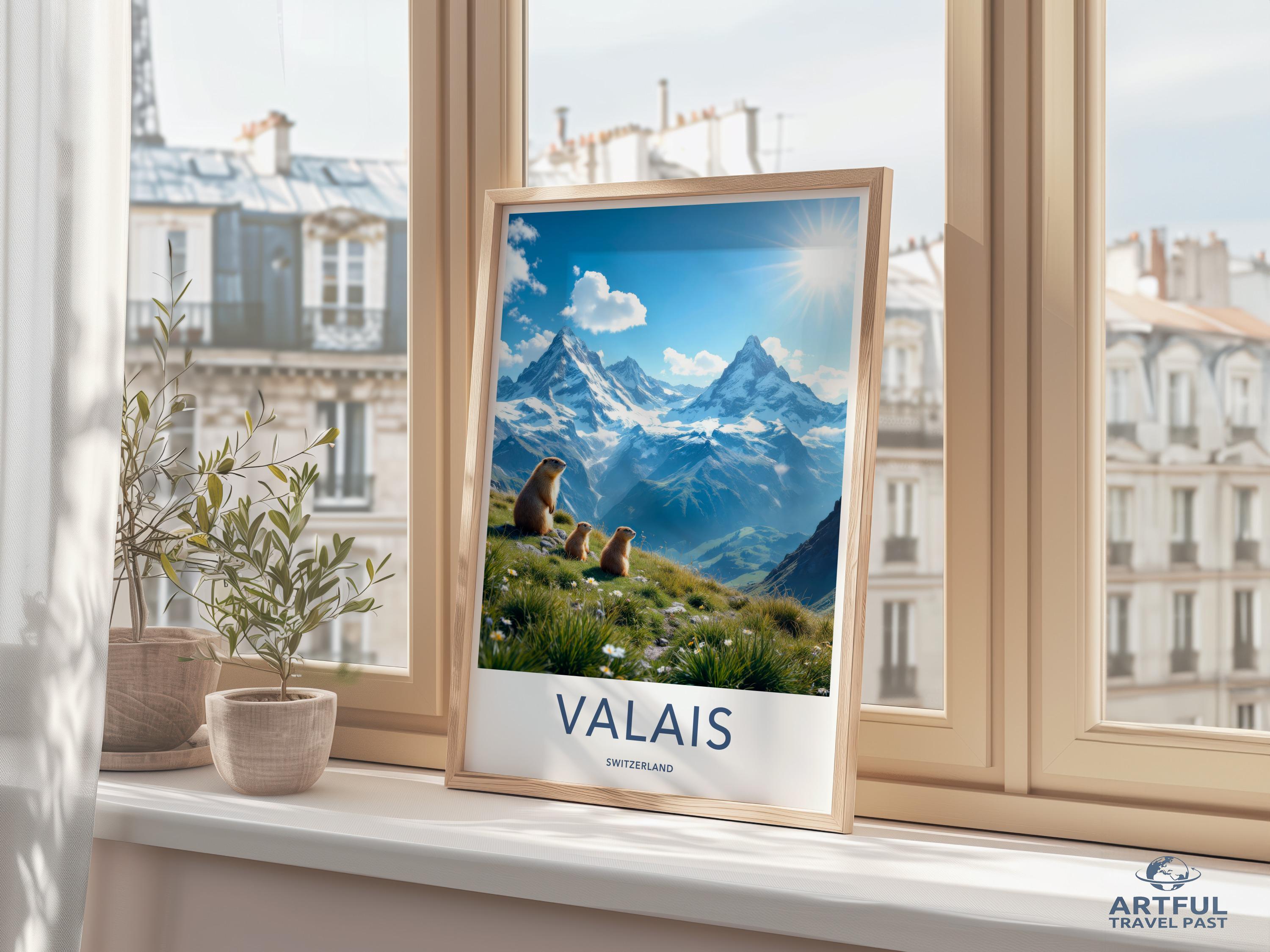 Switzerland Mountains Travel Poster Art, Scenic Mountain Print for Home Decor, Valais Nature Wall Art, Swiss Alps Landscape Artwork
