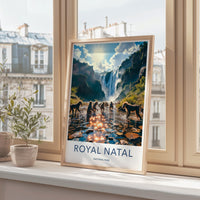 Royal Natal National Park poster, nature landscape wall art, waterfall scenery print, adventure travel decor, framed exhibition artwork