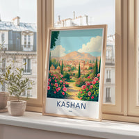 Kashan travel print, Iran cityscape poster, vintage style wall art, Persian garden decor, travel illustration, retro travel art