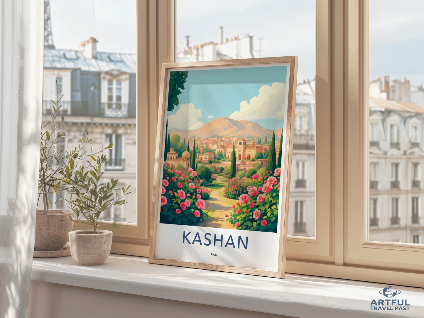 Kashan travel print, Iran cityscape poster, vintage style wall art, Persian garden decor, travel illustration, retro travel art