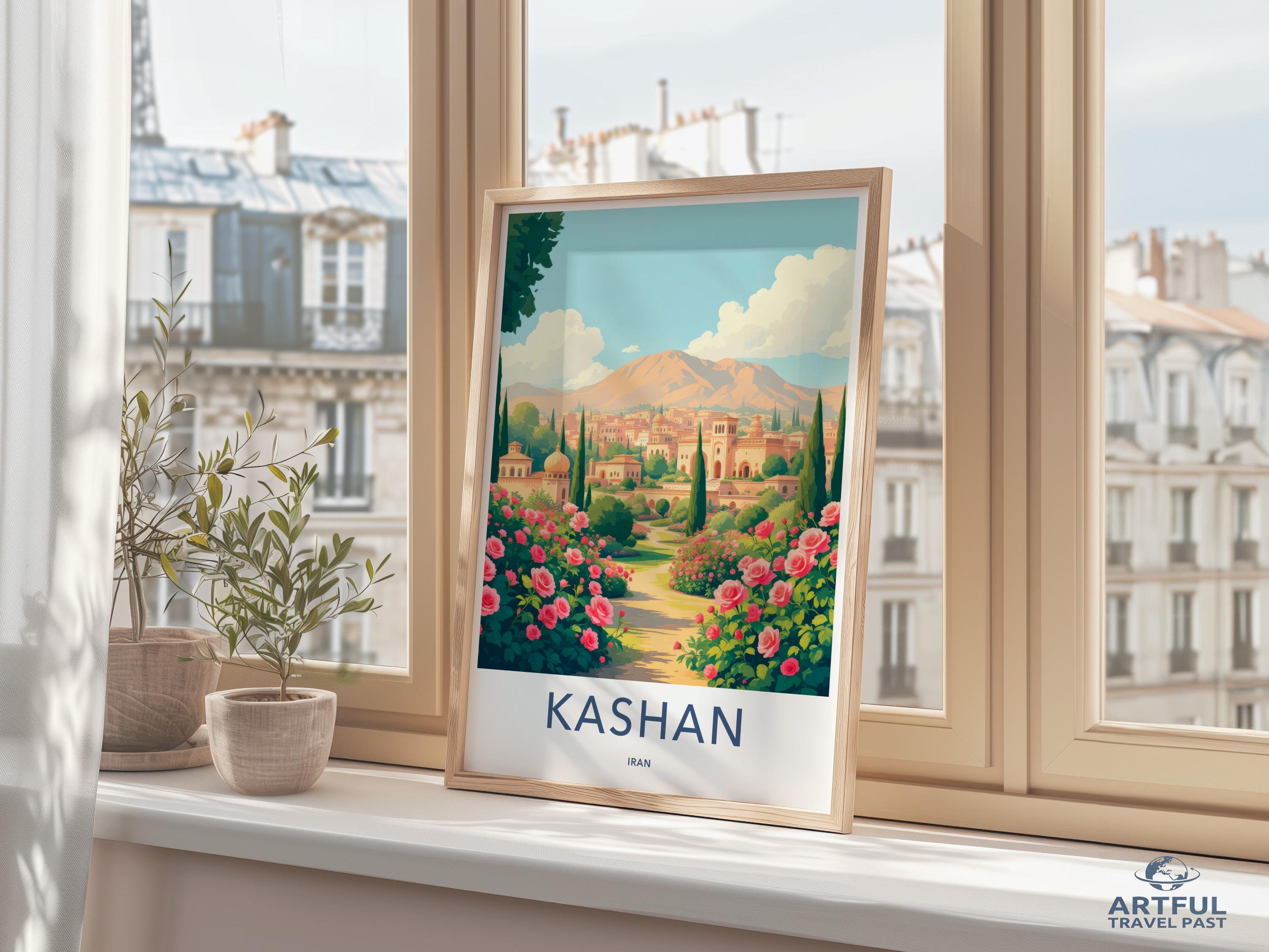 Kashan travel print, Iran cityscape poster, vintage style wall art, Persian garden decor, travel illustration, retro travel art