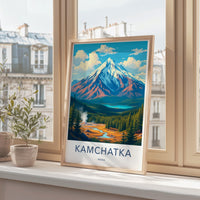 Kamchatka travel poster, mountain landscape wall art, vintage style decor, scenic artwork print, nature illustration