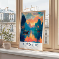 Khao Sok Thailand Travel Poster, Scenic Landscape Wall Art, Nature Print, Colorful Decor for Home, Sunset River View, Boat Illustration