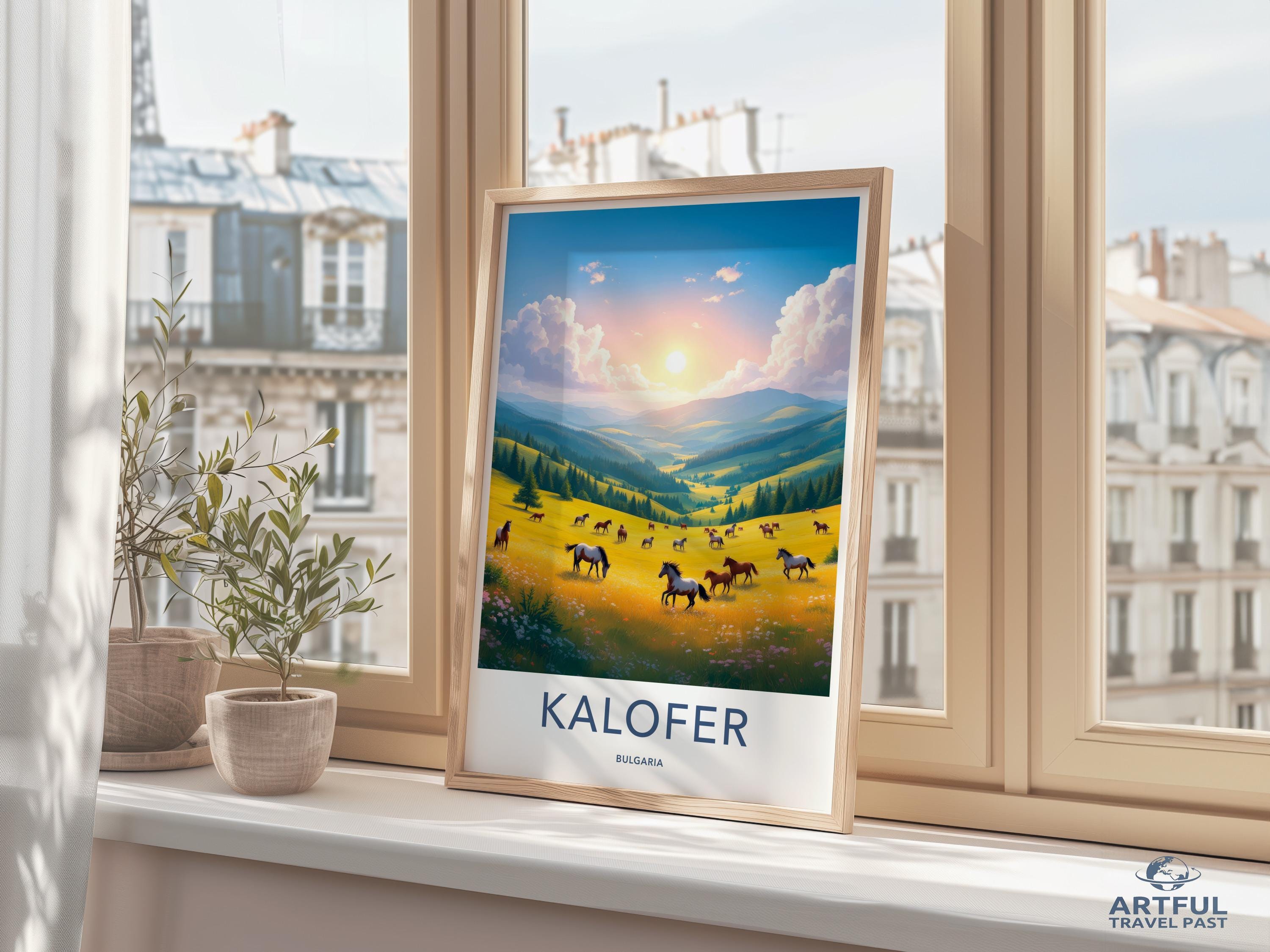Kalofer Scenic Landscape Art Print, Horses Nature Poster, Wall Art for Home Decor, Sunrise Mountain View, Travel Artwork