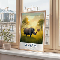 Rhinoceros Art Print, Assam India Travel Poster, Digital Wall Art, Wildlife Decor, Nature Illustration, Framed Poster