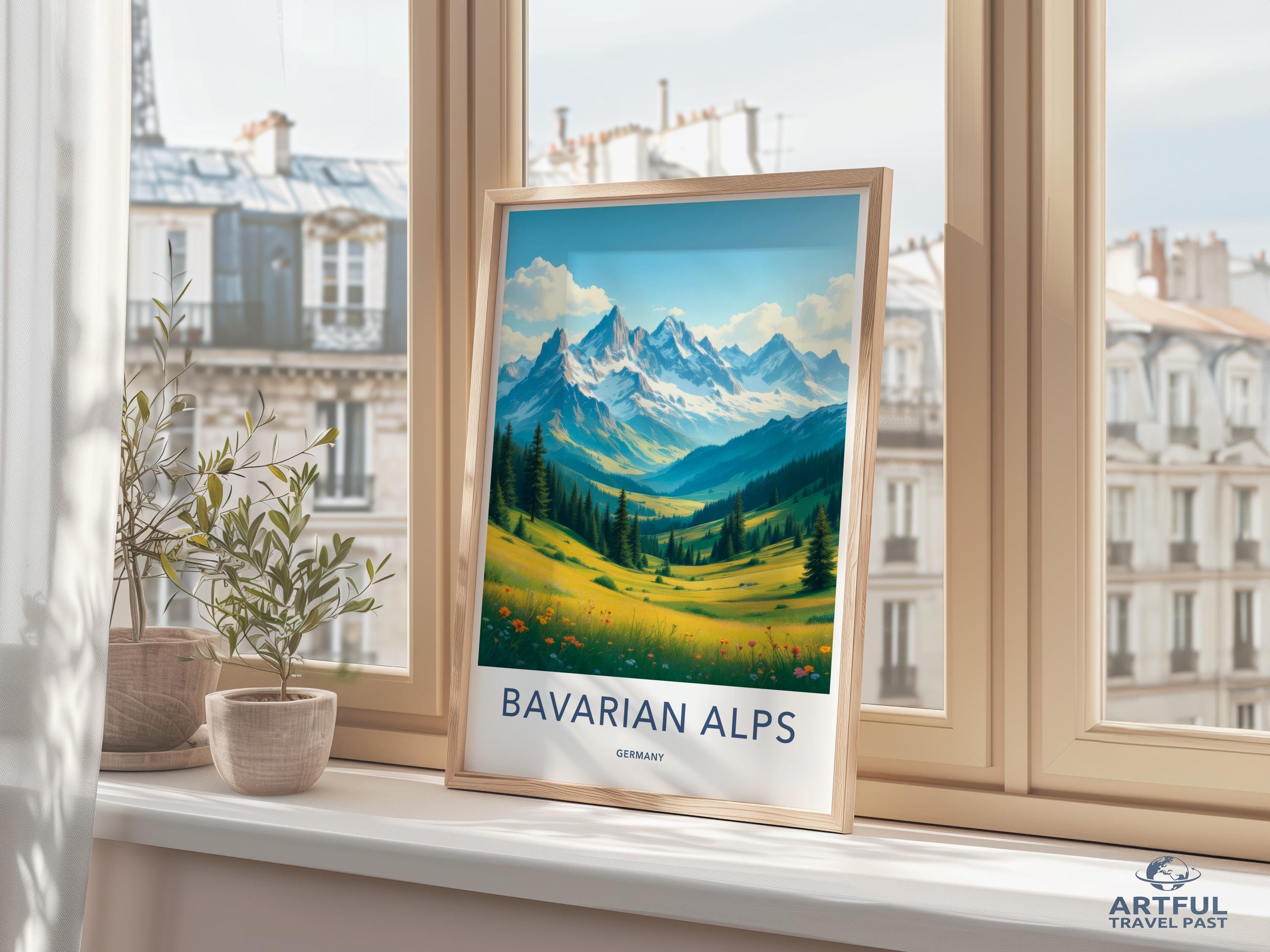 Bavarian Alps art print, Germany travel poster, scenic mountain landscape, home decor, wall art, gift for nature lovers