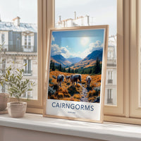 Cairngorms Scotland Travel Poster, Scenic Art Print, Highland Cows Landscape, Wall Decor for Home, Perfect Scottish Gift