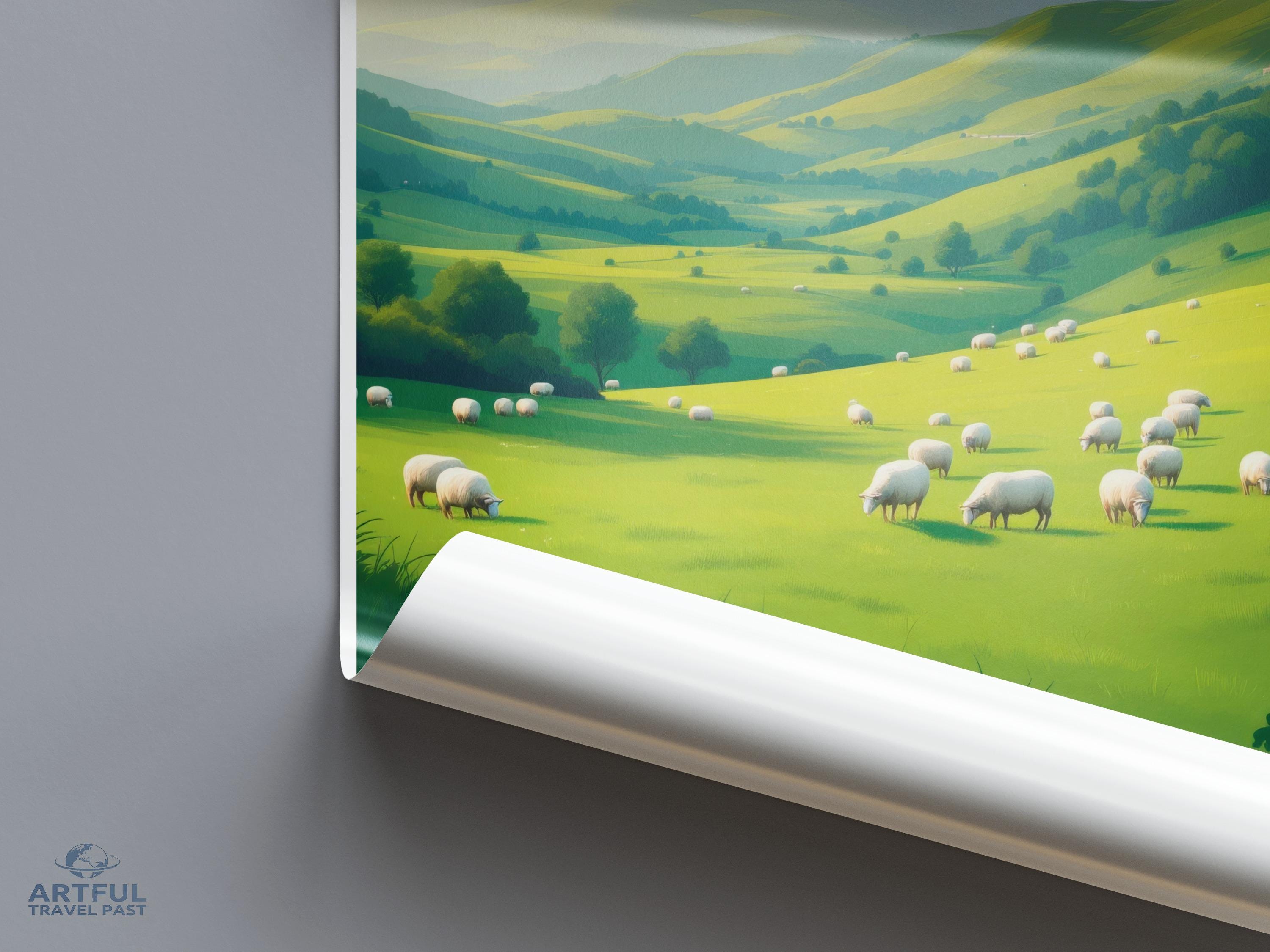 Rolling Hills Countryside Poster, Sheep Pasture Landscape Print, Serene Rural Wall Art, Peaceful Pasture Artwork, Scenic Farm Decor