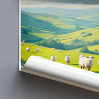 Modern farmhouse wall art, Sheep pasture print, Green landscape decor, Pastoral themed artwork, Contemporary rural poster