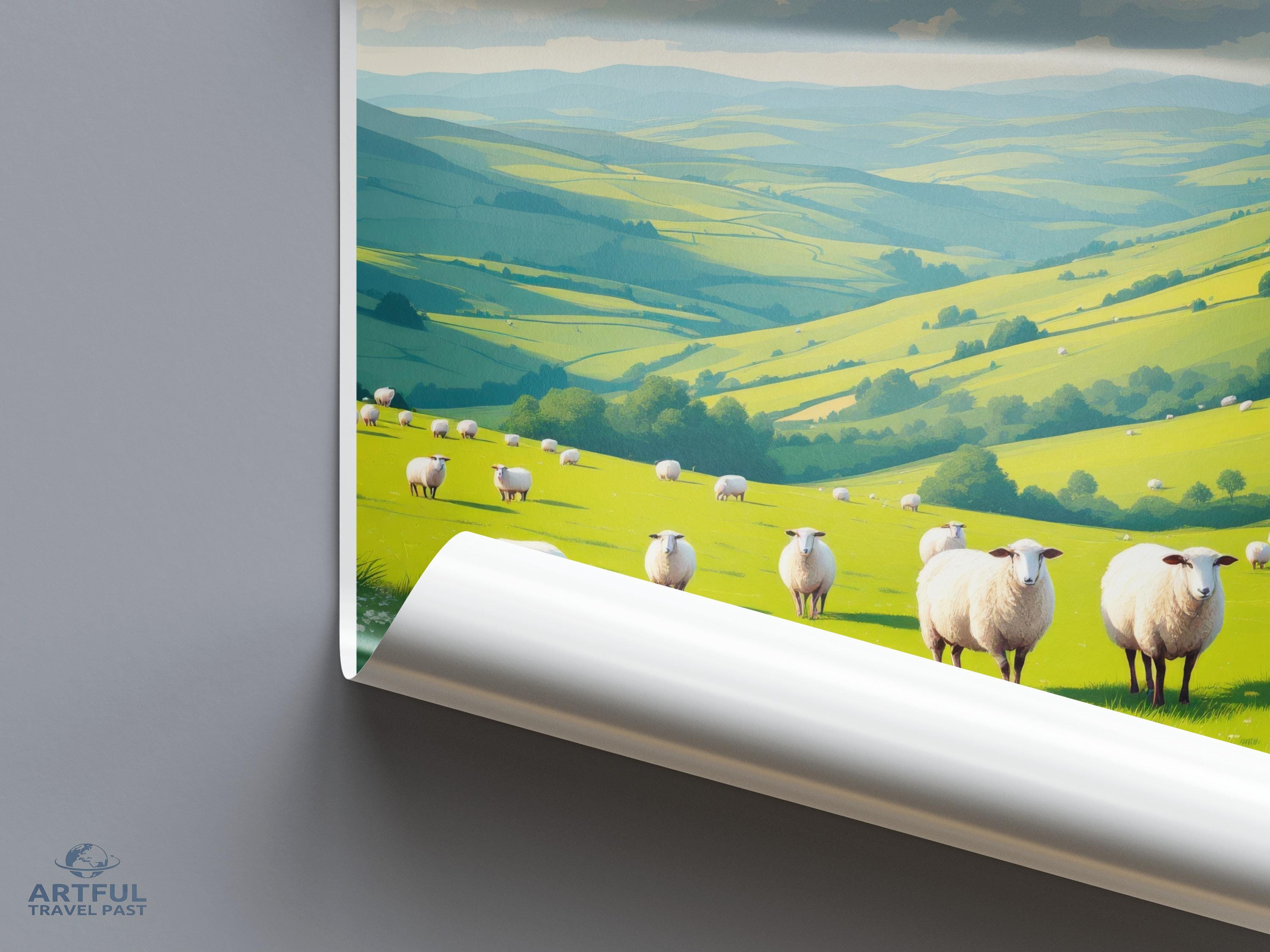 Modern farmhouse wall art, Sheep pasture print, Green landscape decor, Pastoral themed artwork, Contemporary rural poster