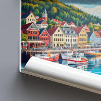 Colorful harbor town print, Scenic coastal village wall decor, Unique seascape illustration poster, Nautical theme art gift