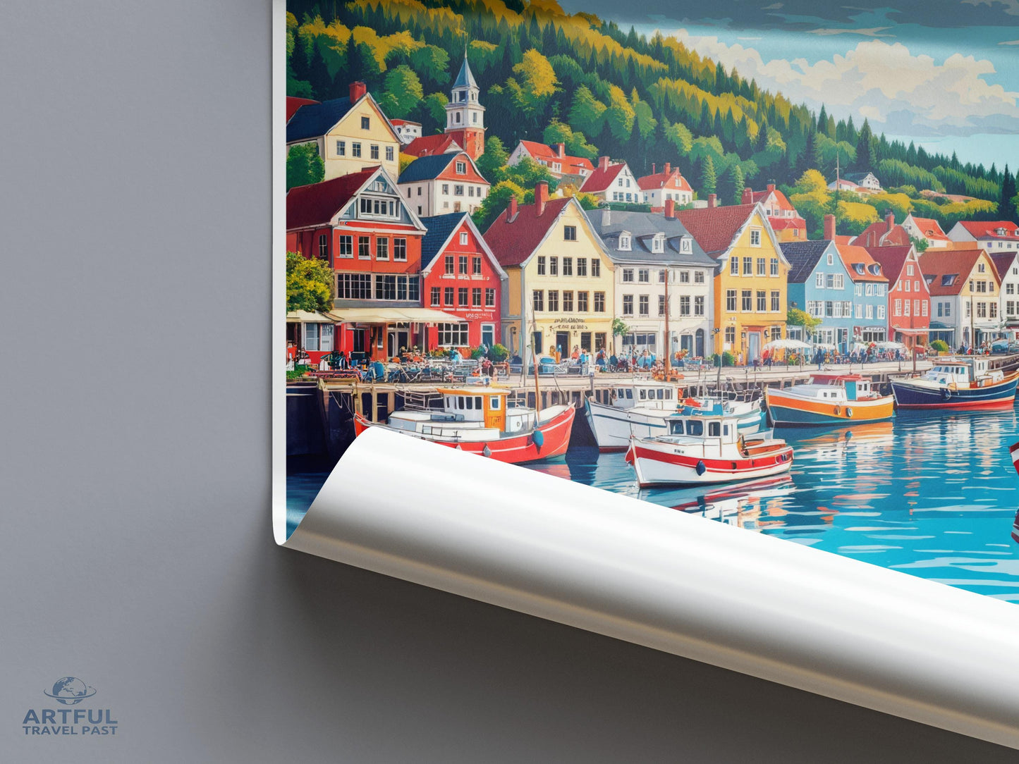 Colorful harbor town print, Scenic coastal village wall decor, Unique seascape illustration poster, Nautical theme art gift