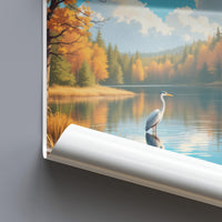 Autumn Lake Scene Wall Art, Heron at Lake Poster, Seasonal Nature Print, Serene Forest Decor, Tranquil Water Landscape