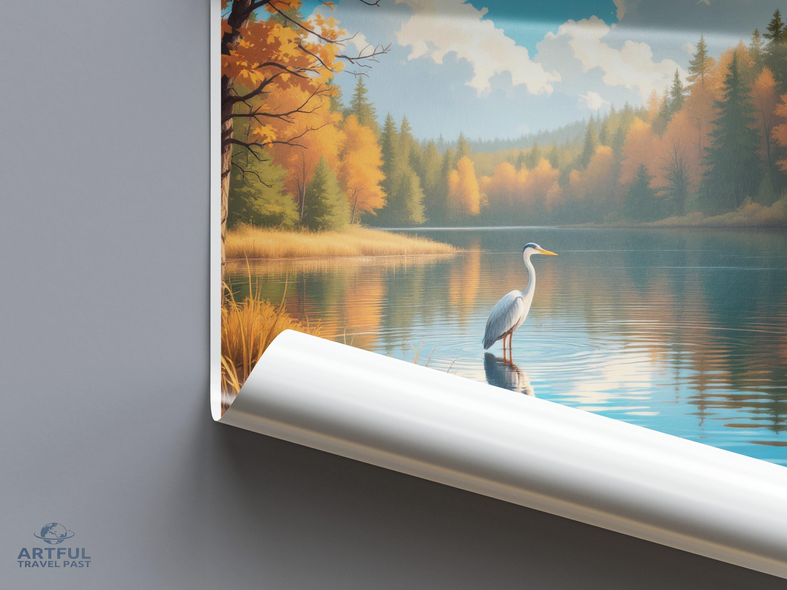 Autumn Lake Scene Wall Art, Heron at Lake Poster, Seasonal Nature Print, Serene Forest Decor, Tranquil Water Landscape