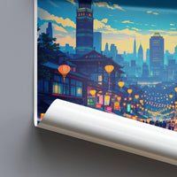 Cityscape Lantern Festival Poster, Night City Street Art Print, Urban Landscape Wall Decor, Skyline Illustration, Modern Home Decor
