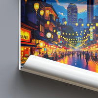 Bright Urban Night Scene Poster, Street Market Art Print, Cityscape Wall Decor, Vibrant Evening Artwork, Colorful Nightlife Illustration