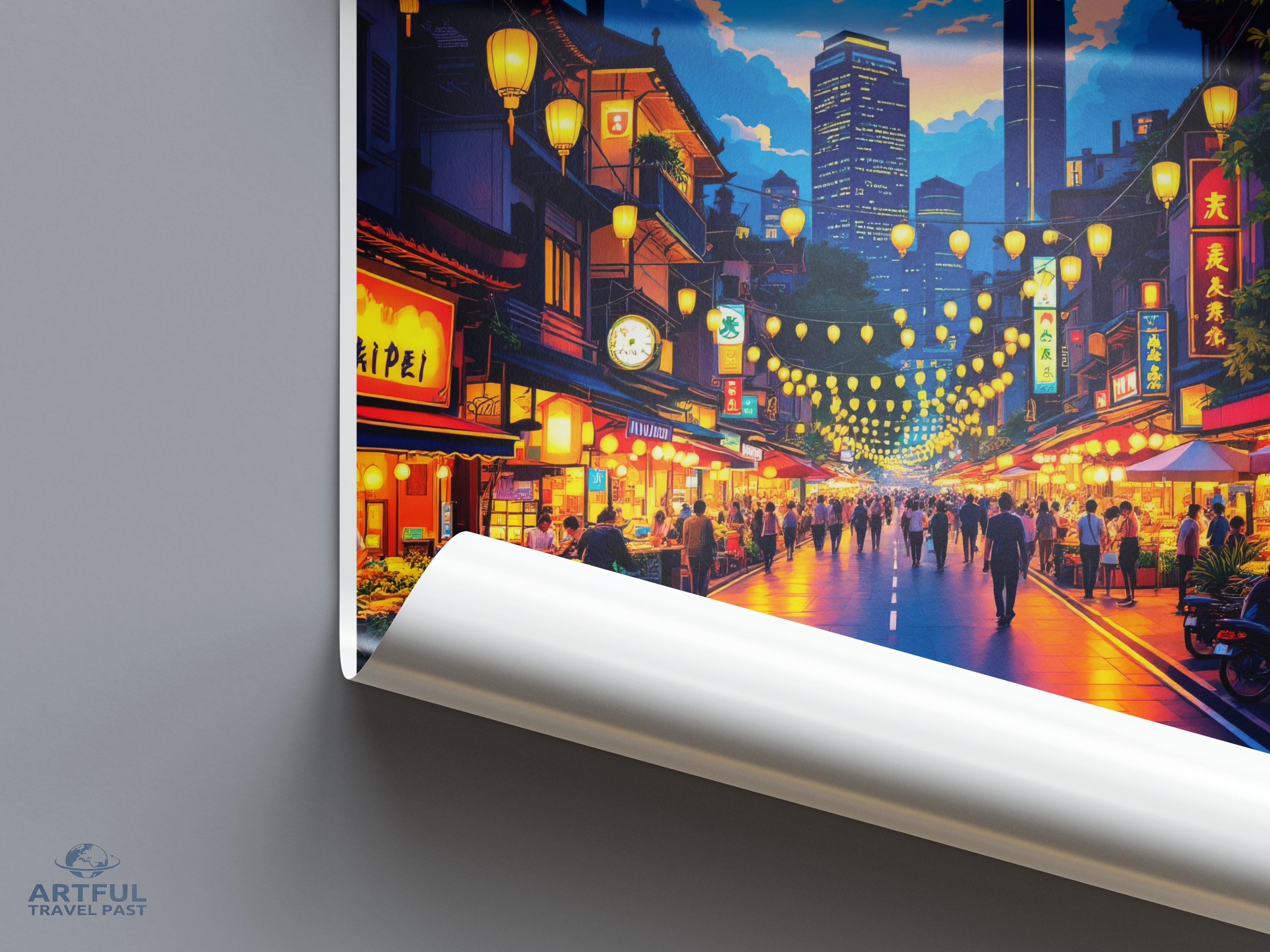 Bright Urban Night Scene Poster, Street Market Art Print, Cityscape Wall Decor, Vibrant Evening Artwork, Colorful Nightlife Illustration