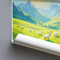 Scenic mountain landscape with grazing goats print, nature art poster, vibrant countryside wall decor, pastoral scenery artwork
