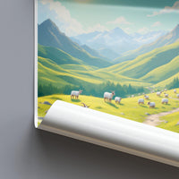 Mountain Landscape Poster, Green Hills Wall Art, Scenic Countryside Print, Sheep Grazing, Pastoral Scene Decor, Nature Illustration