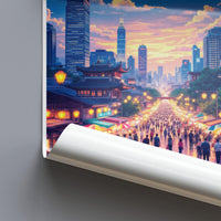 Cityscape Sunset Wall Art, Urban Night Scene Print, High Rise Skyline Poster, Vibrant Nightlife Decor, Downtown Lights Artwork