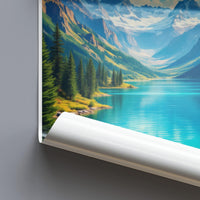 Mountain lake artwork, nature landscape print, scenic wall decor, idyllic mountain view, serene lake scene poster, home decor