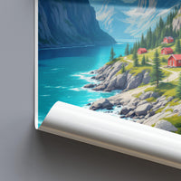 Scenic Mountain Lake Poster, Red Cabin Landscape Print, Nature Wall Art, Travel Themed Decor, Vibrant Watercolor Artwork for Home