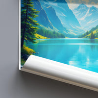 Stunning Landscape Poster, Scenic Mountain Lake Print, Nature Wall Art, Blue Green Decor, Vibrant Forest Picture, Calm Water Illustration