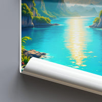 Wall art print, Scenic paradise lake poster, Serene waterscape decor, Nature lover gift, Peaceful landscape painting, Tranquil view